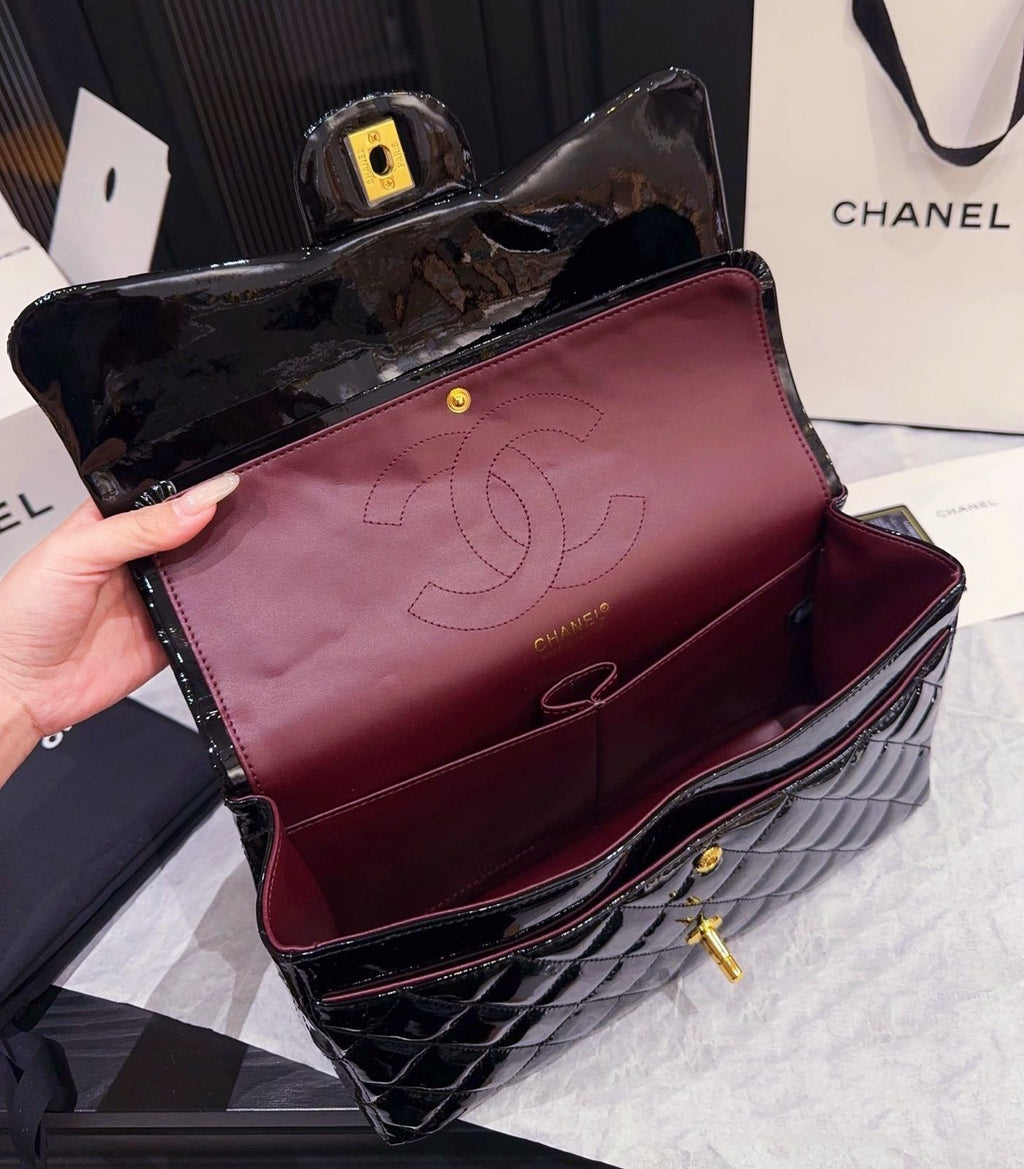 Chanel Classic Double Flap Bag (Black Patent Leather with Gold Hardware)
